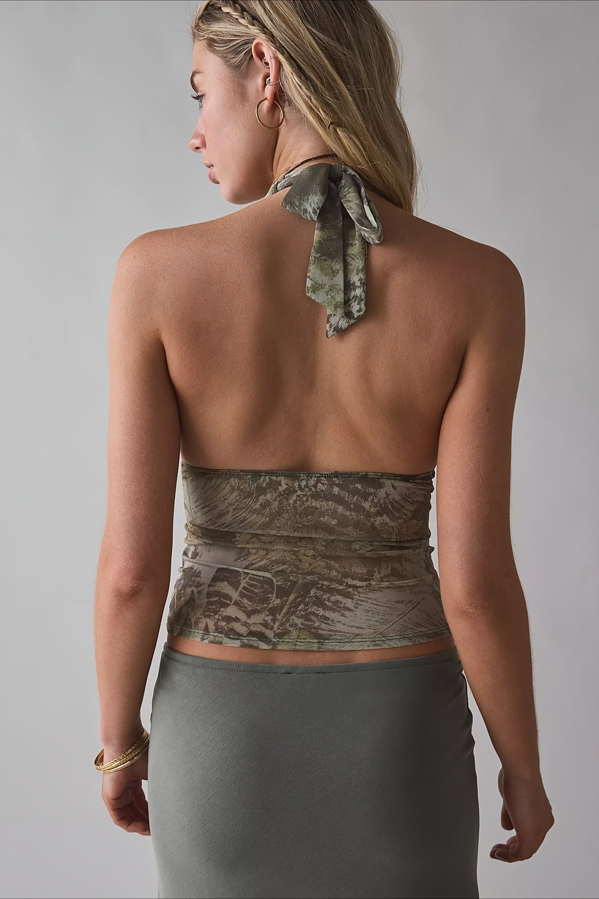 Backless Halter-Neck Sheer Mesh Crop Top