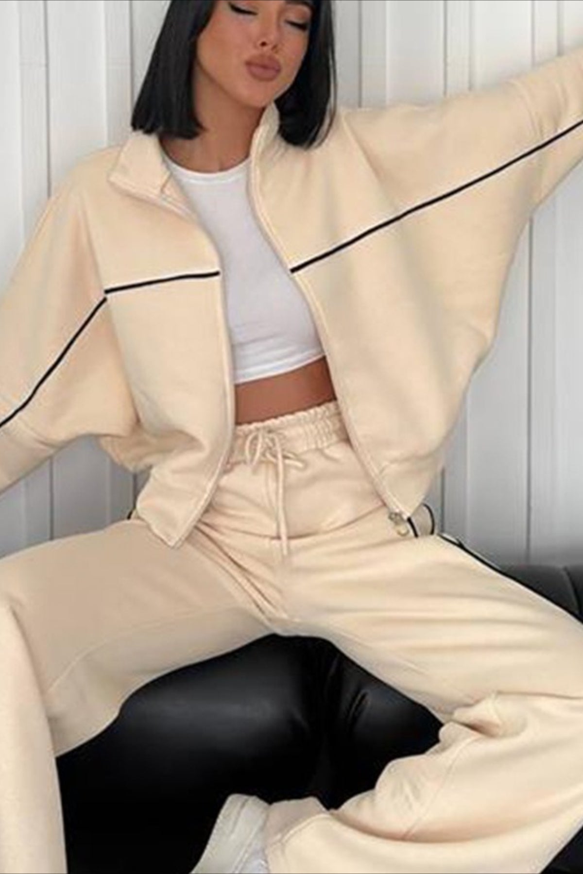 Stand Collar Contrast Piping Zip Jacket and Drawstring Wide Leg Pants Two Piece Set
