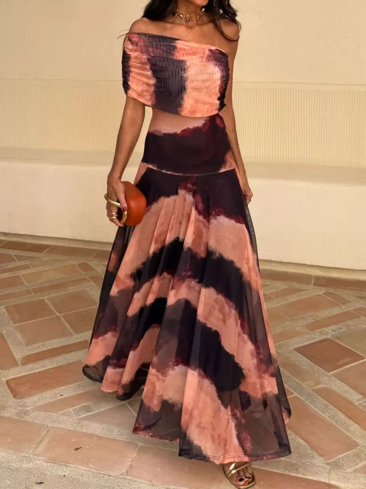 Tie Dye Mesh One Shoulder Ruched Bodice Flowy Maxi Dress 7