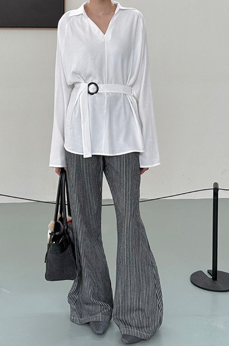 Collared V-Neck Long Sleeve Ring Buckle Belted Tunic Blouse 3