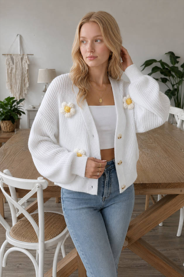 Short Floral Knit Long Sleeve Cardigan