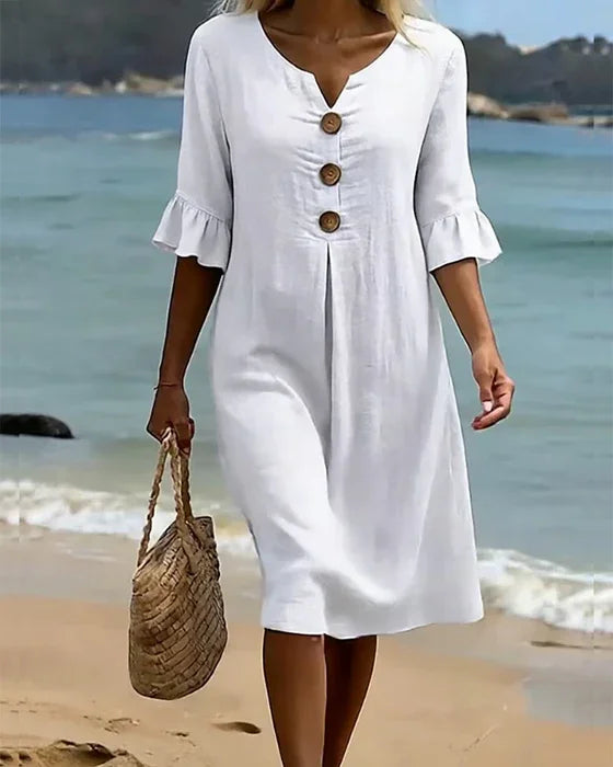 V-Neck Button Front Ruffle Sleeve Midi Dress