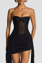 Elegant Mesh Splicing Ribbon Tie Solid Color Strapless Mini Dress 7
