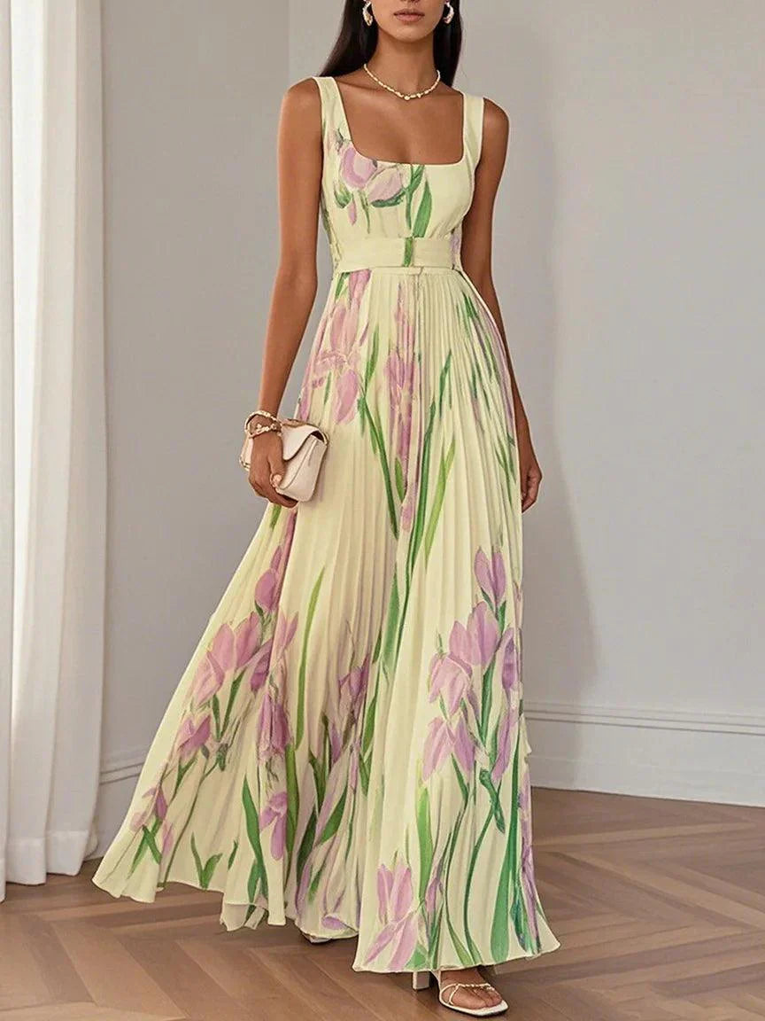White Pleated Floral Chiffon Square Neck Sleeveless A-Line Maxi Dress Yellow