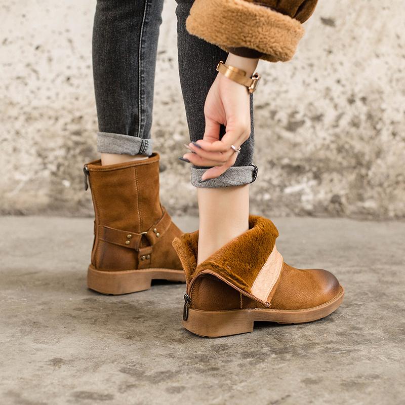 Belted Short Plush Lined Snow Boots Chunky Heel Leather Short Boots For Winer Black /Coffee