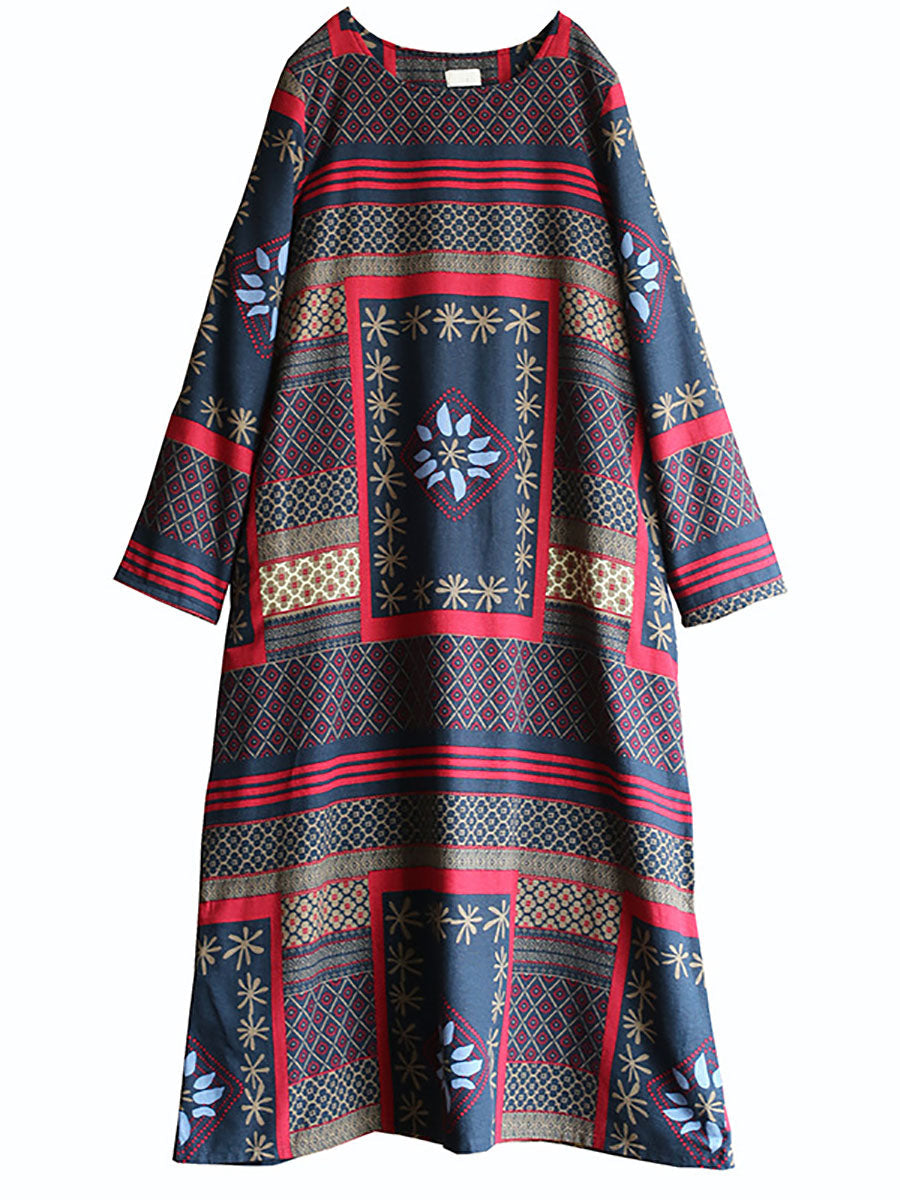 Folk Patchwork Print Long Sleeve Contrast Cuff Crew Neck Maxi Dress