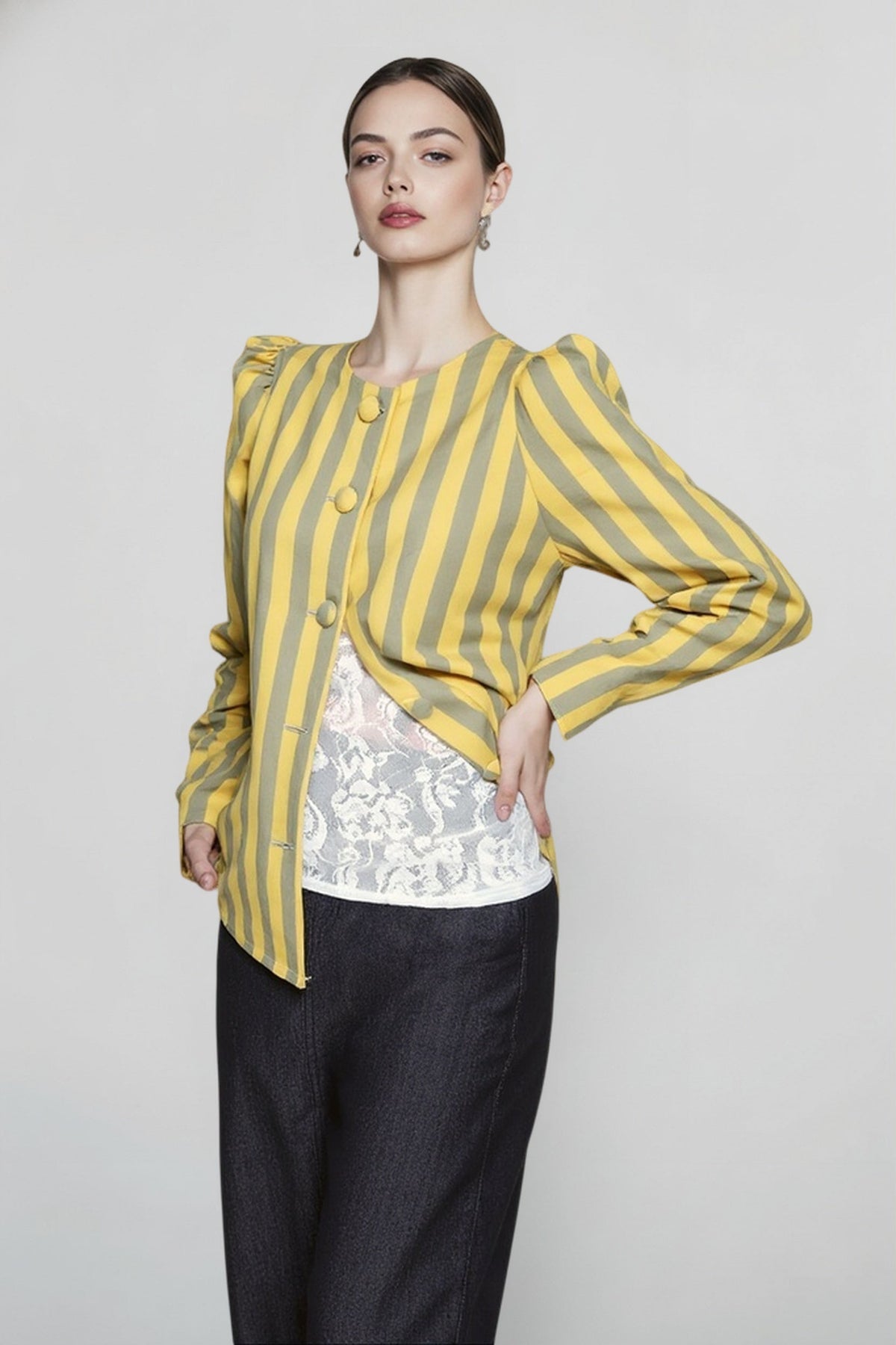 Striped Puff Shoulder Long Sleeve Button Front Asymmetric Hem Blouse
