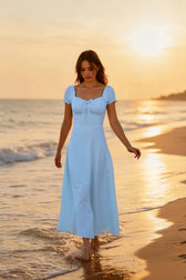 Ruched Puff Sleeve Maxi Work Dress