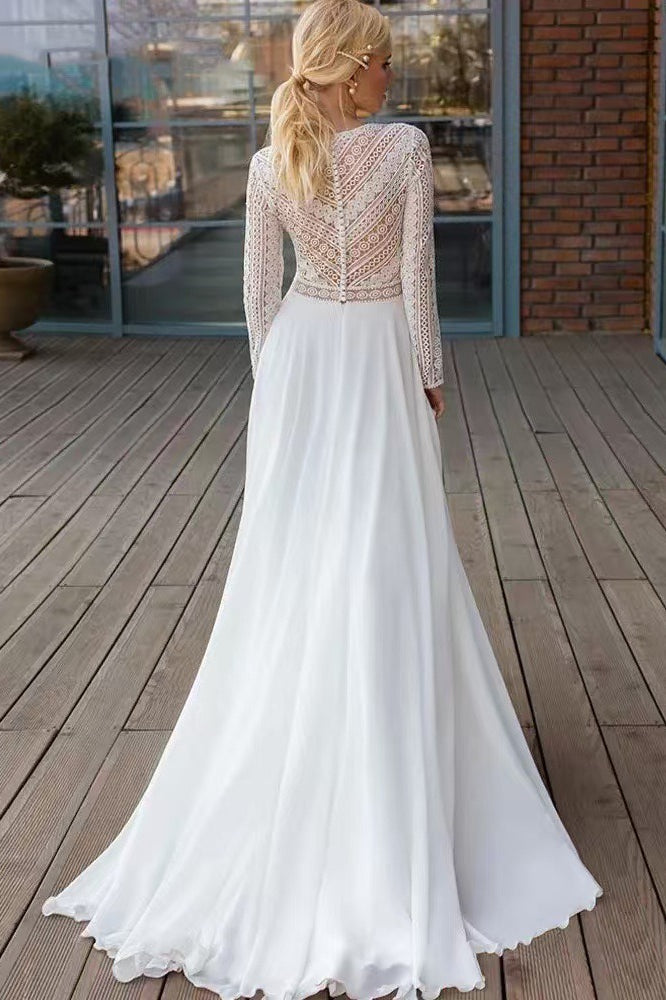 Long Sleeve Lace Train Wedding Dress