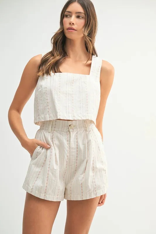 Embroidered Stripe Square Neck Crop Top and Pleated Shorts Two Piece Set