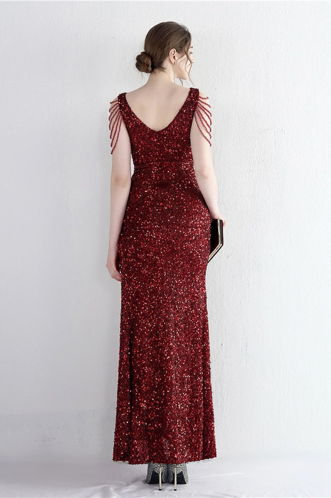 Sequin V-Neck Beaded Fringe High Split Mermaid Gown