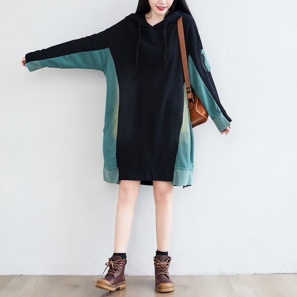 Patchwork Hooded Dress Ladies Plus Size Irregular Length Hooded Dresses