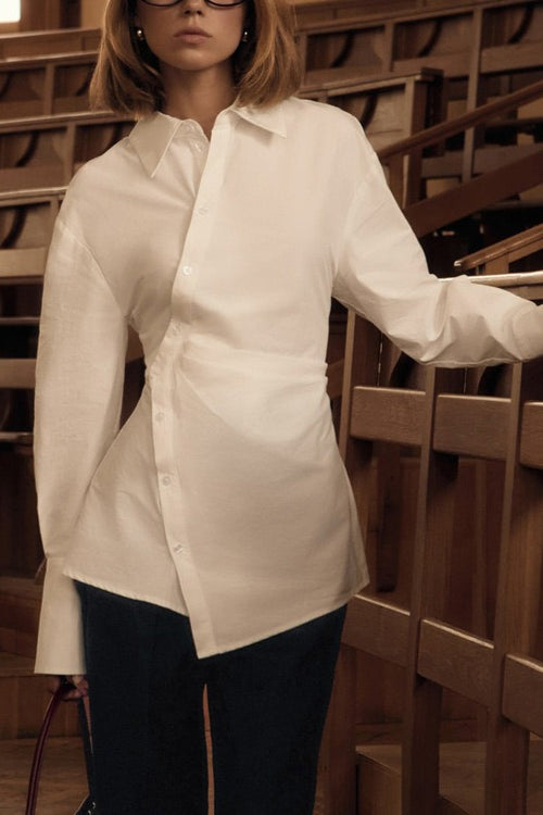 Collared Long Sleeve Gathered Waist Asymmetric Button Front Longline Shirt 3