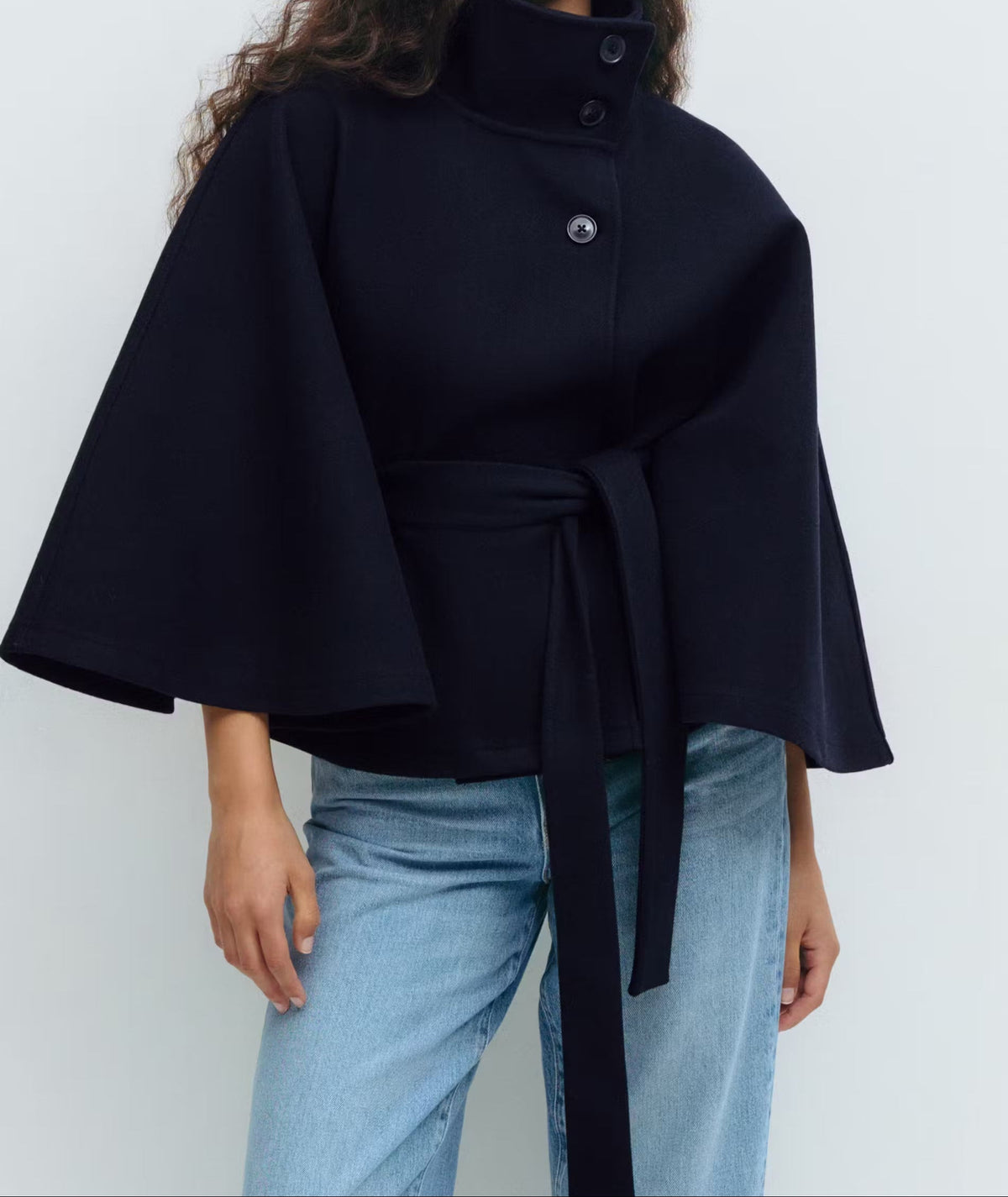 High Neck Button Front Belted Cape Jacket