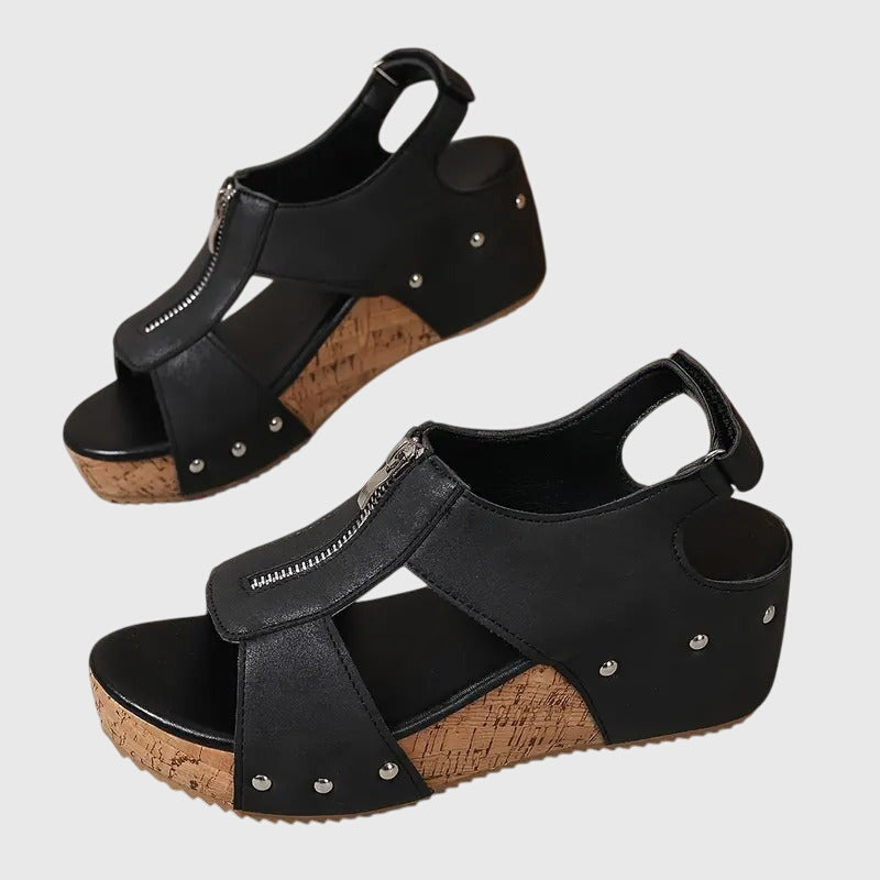 Closed Toe Zip Front Ankle Strap Wedge Sandals