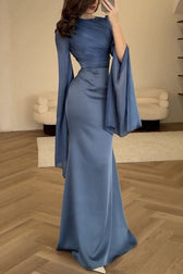 Liora Ruched Organza Satin Patchwork Long Bell Slit Maxi Dress