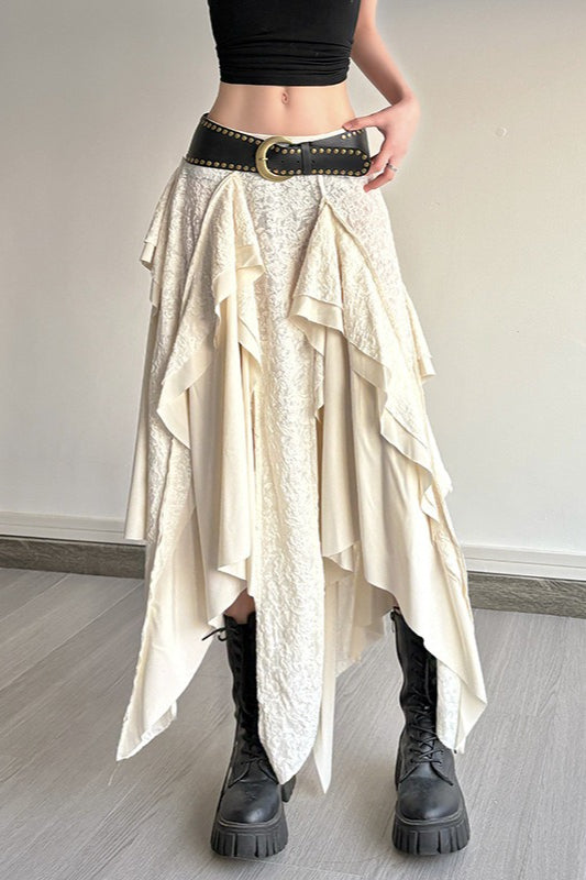 Textured Lace Cascading Ruffle Handkerchief Hem Midi Skirt 3