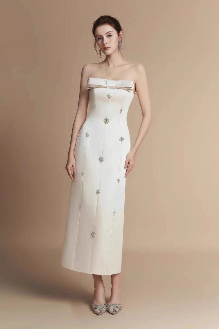 Beaded Bow Strapless Reception Dress