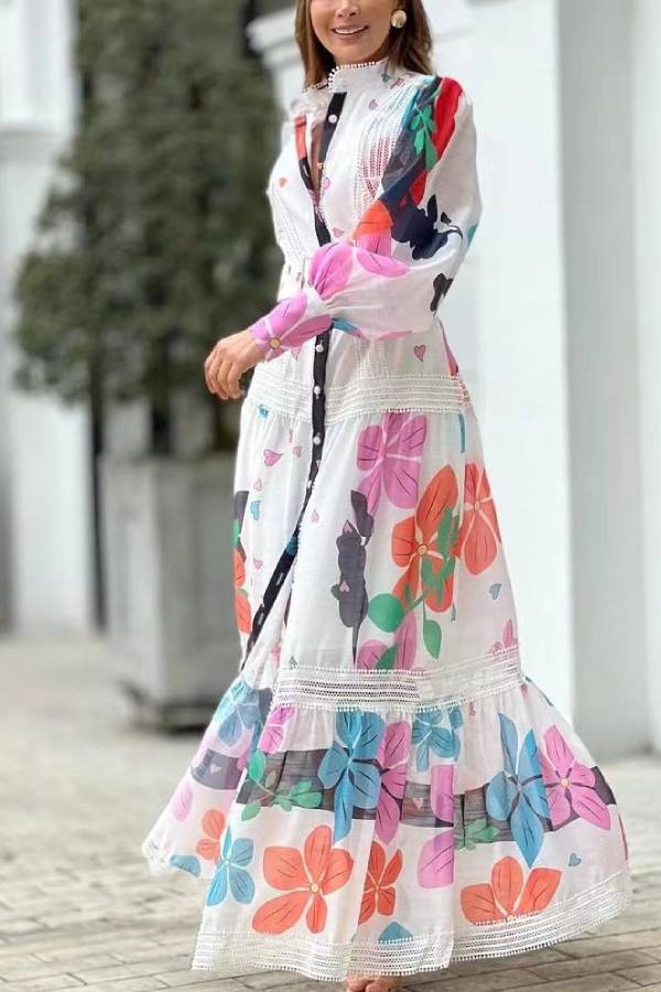 Floral Print Lantern Sleeve Belted Button Front Lace Trim Maxi Dress 2