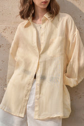 Elegant Sheer Linen Collared Long Sleeve Top