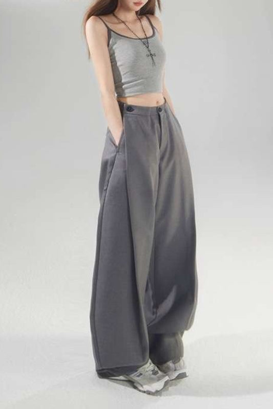High Waist Button Tab Pleated Balloon Wide Leg Trousers