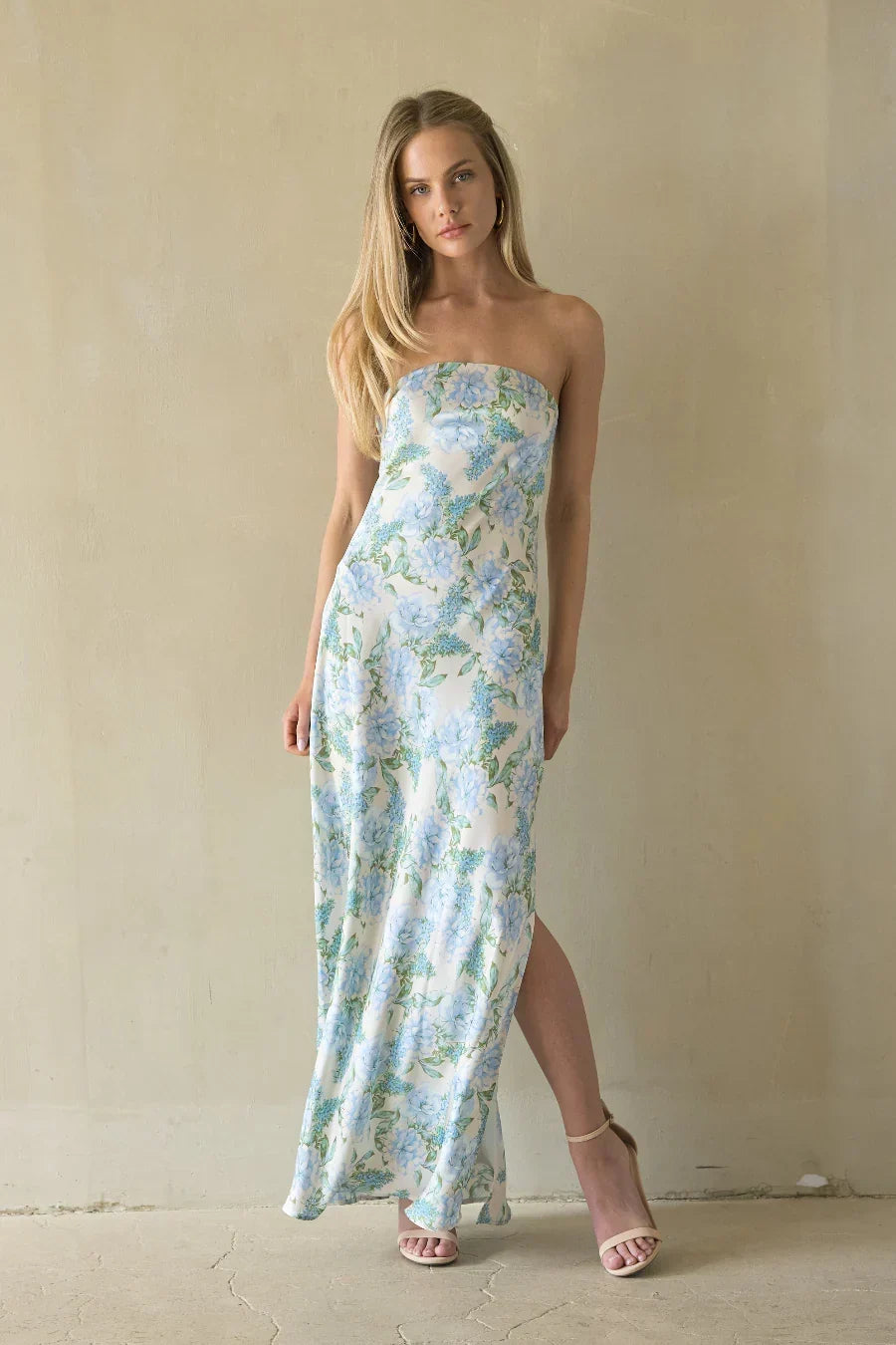 Floral Print Satin Strapless Column Maxi Dress 3