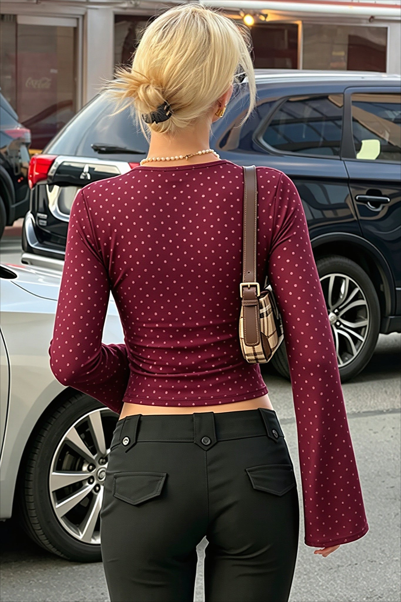 Polka Dot Lace Trim V-Neck Long Sleeve Crop Top