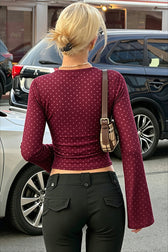 Polka Dot Lace Trim V-Neck Long Sleeve Crop Top