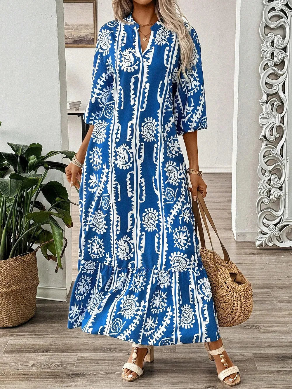 Paisley Print Notch Neck Half Sleeve Ruffle Hem Maxi Dress 3
