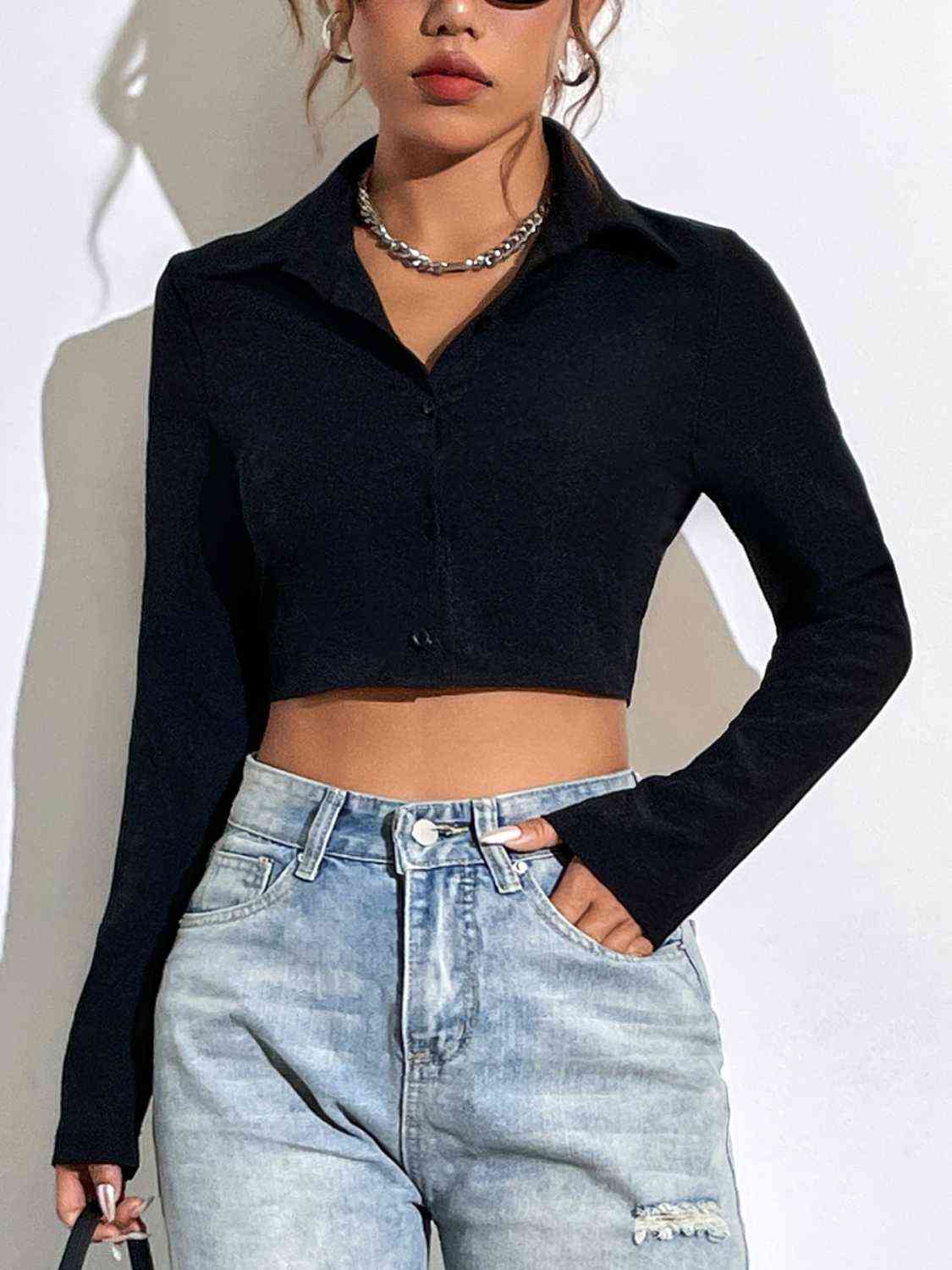 Collared Long Sleeve Button Front Ribbed Knit Crop Shirt