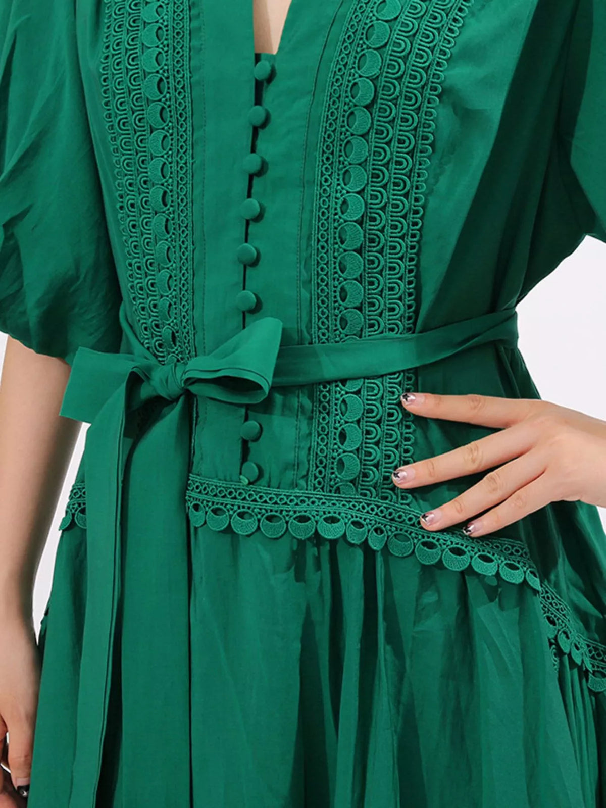 Crochet Lace Trim Notched Neck Puff Sleeve Tie Waist Tiered Maxi Dress 4