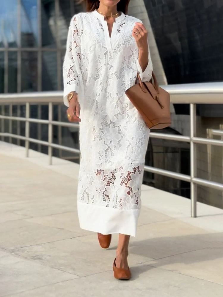 Cutwork Lace V-Neck Three Quarter Sleeve Loose Maxi Dress