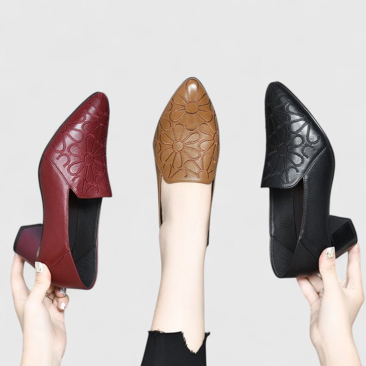 Pointed Toe Floral Embossed Block Heel Loafers