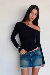 Studded Rhinestone One Shoulder Long Sleeve Top