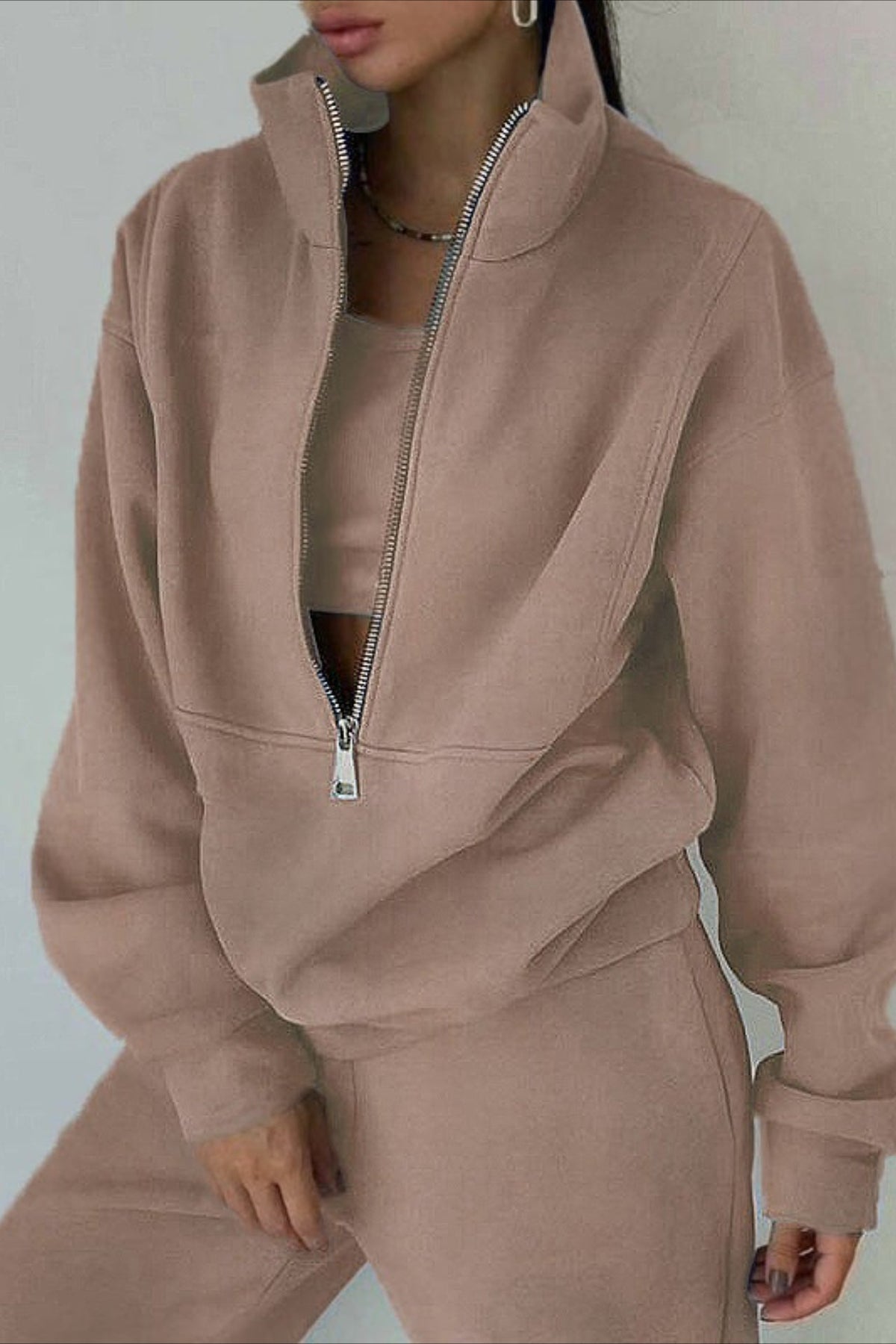 High Collar Half Zip Oversized Fleece Sweatshirt and Joggers Two Piece Set 5