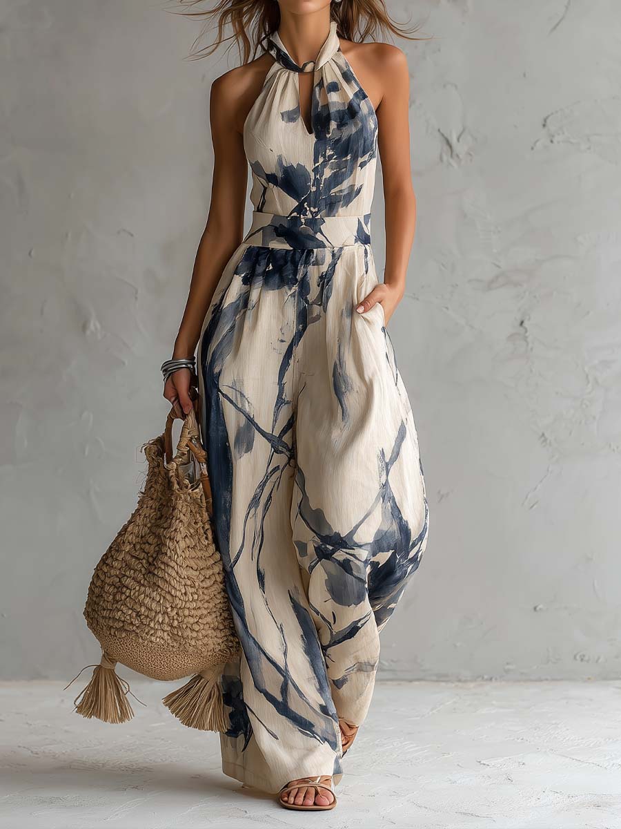Abstract Print Halter Neck Wide Leg Jumpsuit