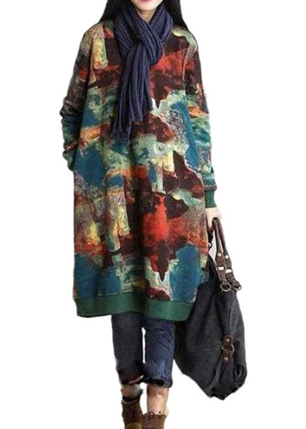 Abstract Print Round Neck Long Sleeve Ribbed Cuff Pocket Sweatshirt Dress