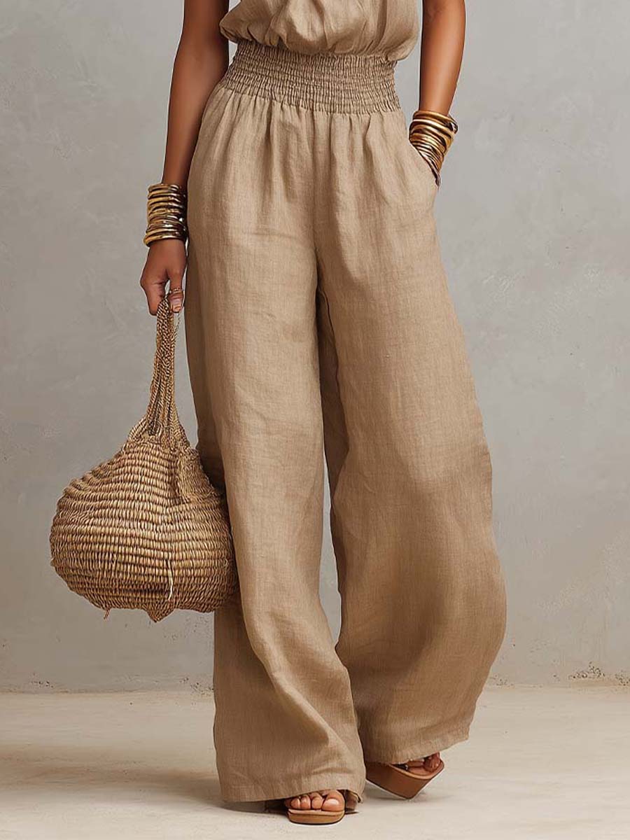 Halter Neck Smocked Waist Wide Leg Jumpsuit