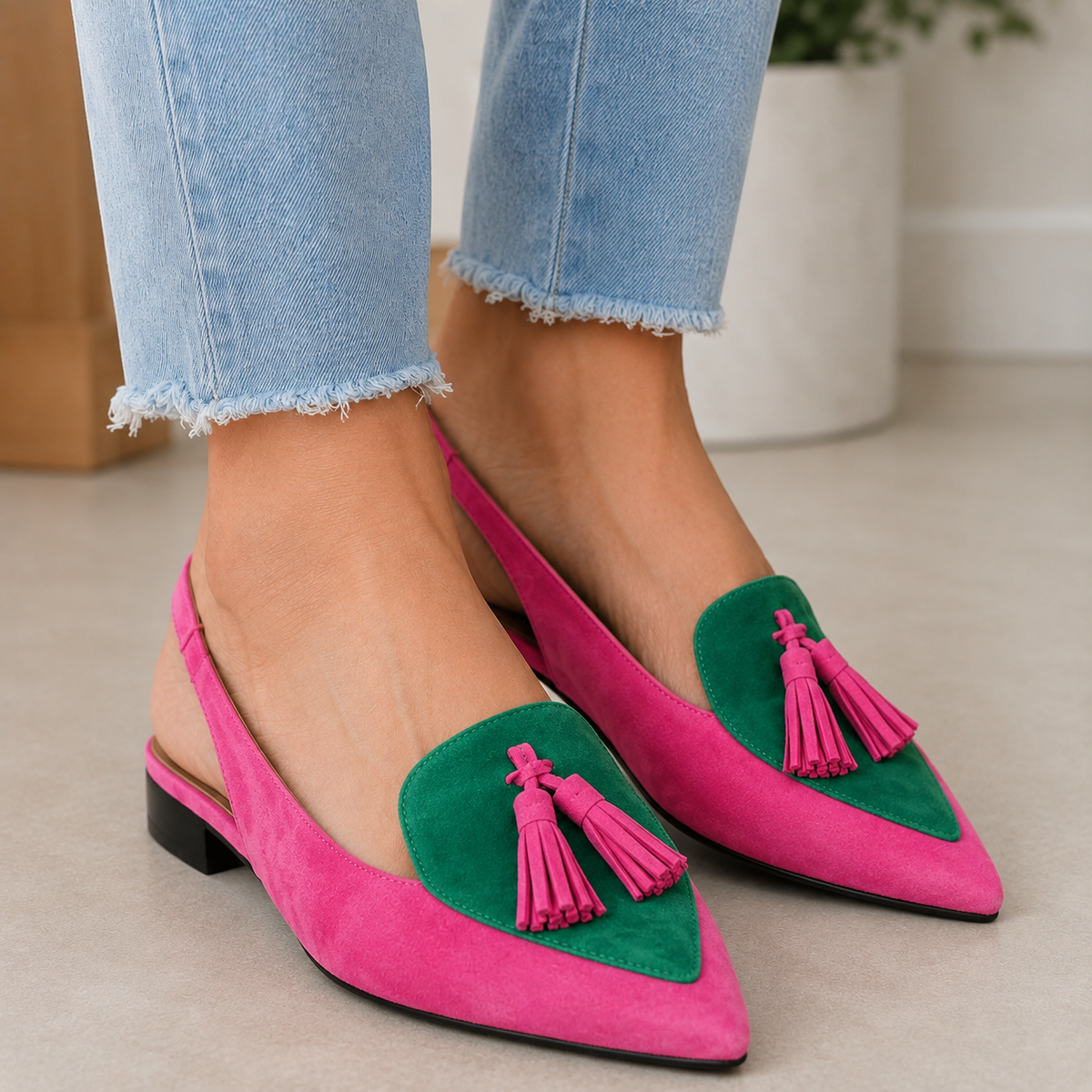 Pointed Toe Leopard Tassel Slingback Flats
