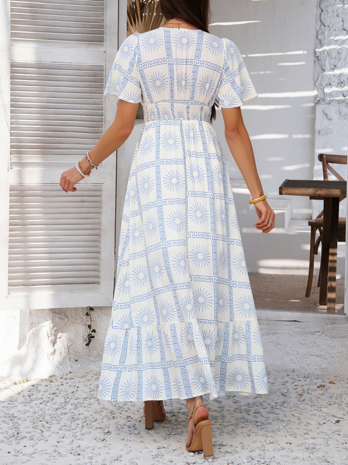 Geometric Tile Print V-Neck Short Sleeve Smocked Waist Ruffle Hem Maxi Dress 5