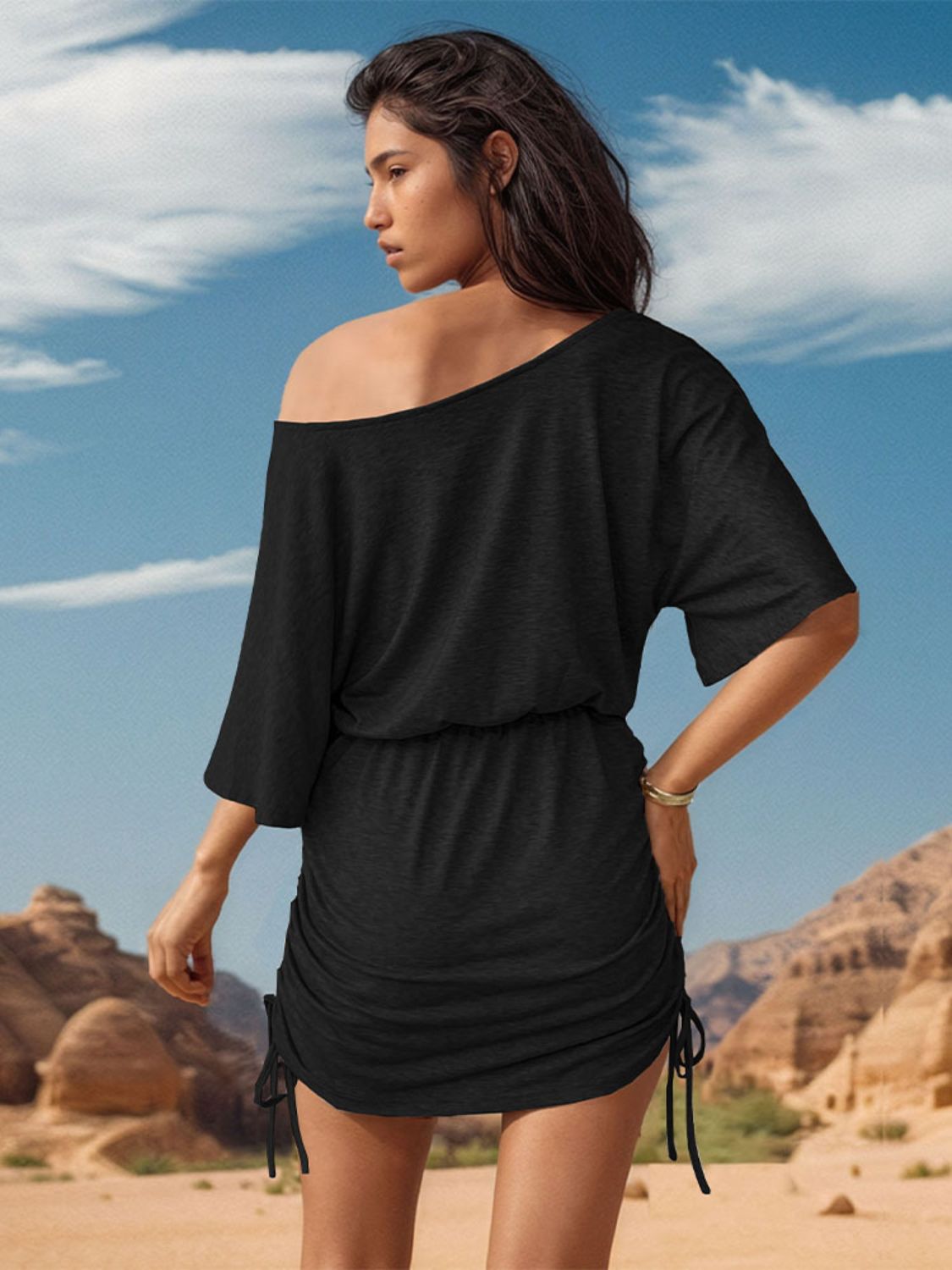 Off Shoulder Batwing Sleeve Drawstring Ruched Side Mini Dress 6