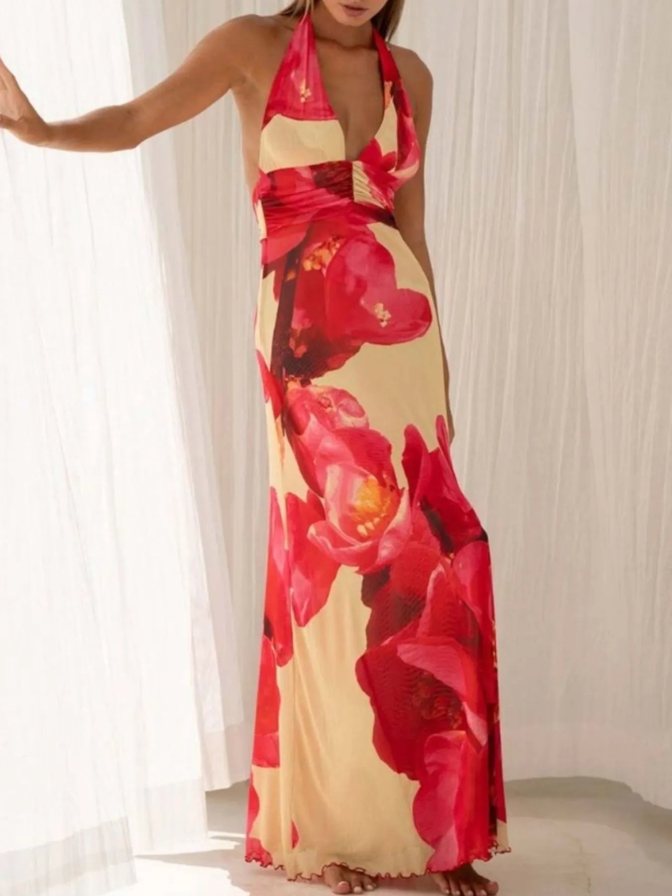 Floral Halter Neck Deep V-Neck Ruched Maxi Dress 16