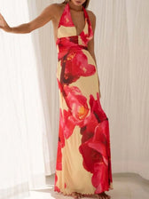 Floral Halter Neck Deep V-Neck Ruched Maxi Dress 16