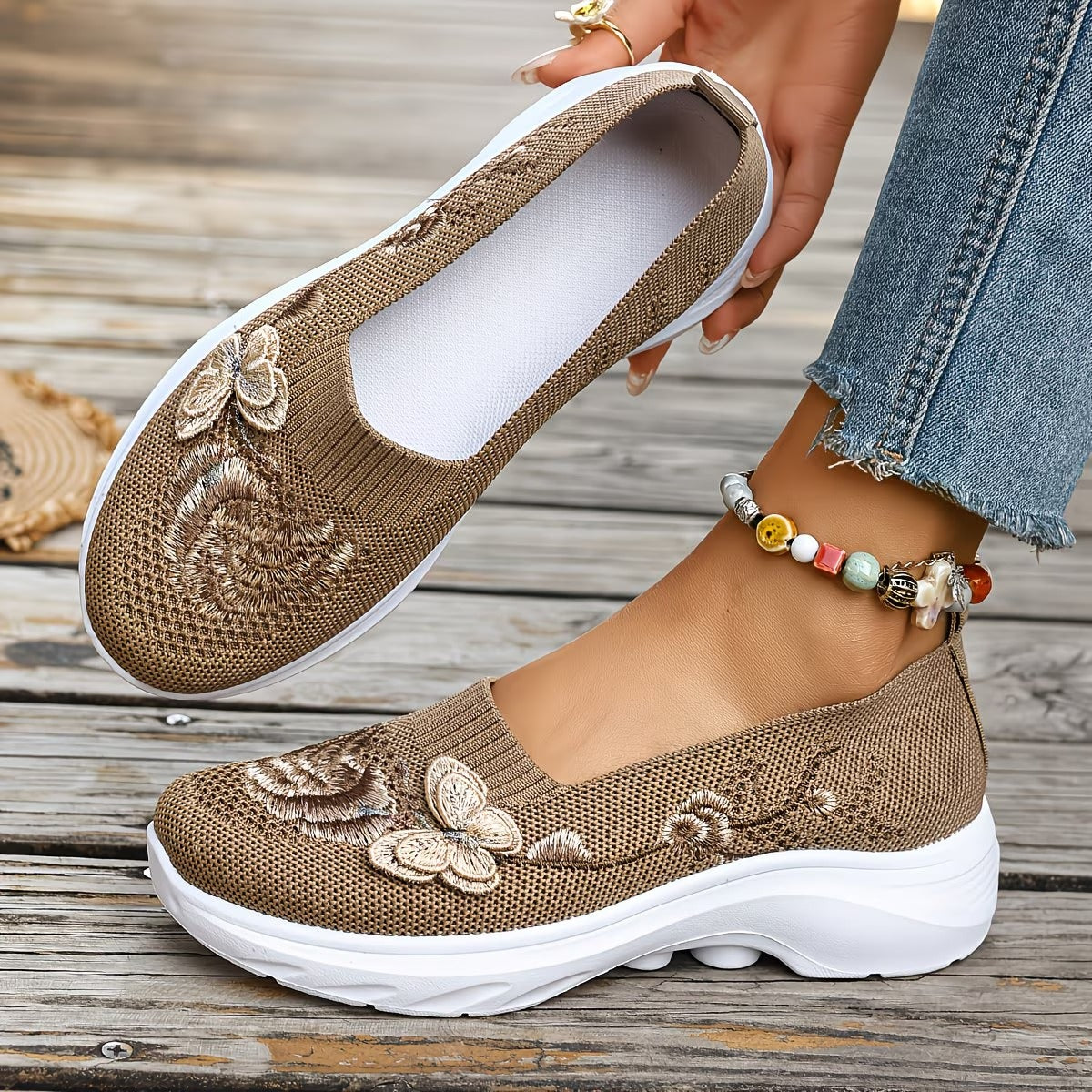 Floral Appliqué Knit Slip On Flats 7