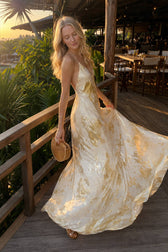 Metallic Print V-Neck Backless Slip Long Dress