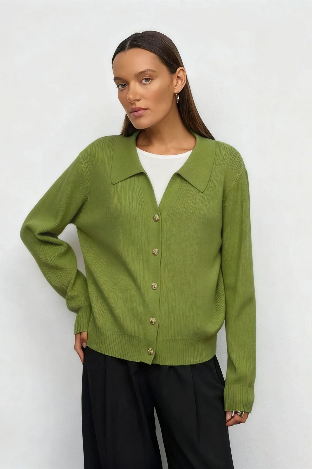 Collared V-Neck Long Sleeve Ribbed Knit Button Front Cardigan 8