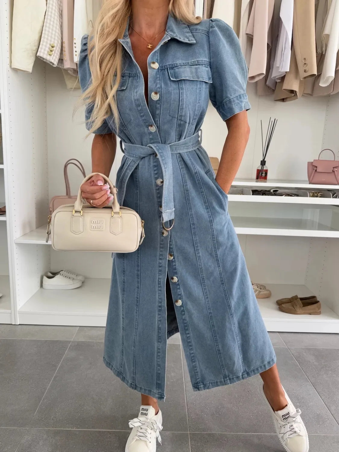 Puff Sleeve Button Down Belted Denim Midi Dress Blue