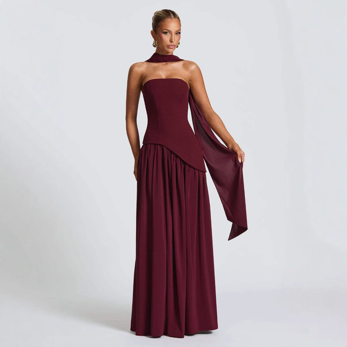 Strapless Asymmetric Drop Waist High Split Maxi Dress with Scarf 21