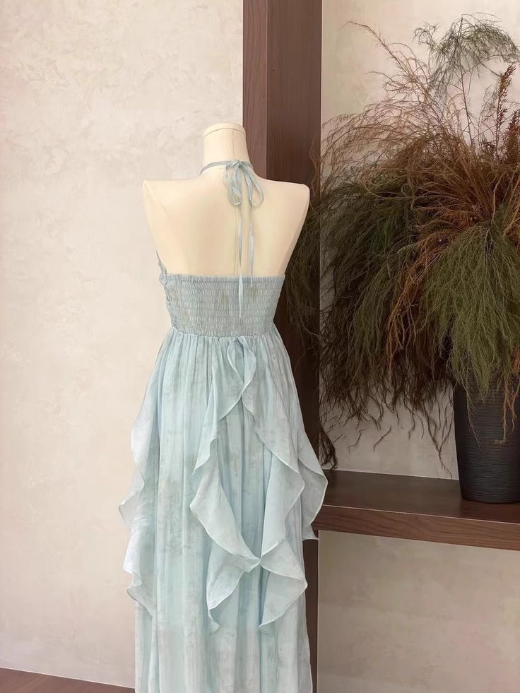 Cute Halter Ruffled Floral Prom Dress Blue Chiffon Long Vacation Dress cc1536