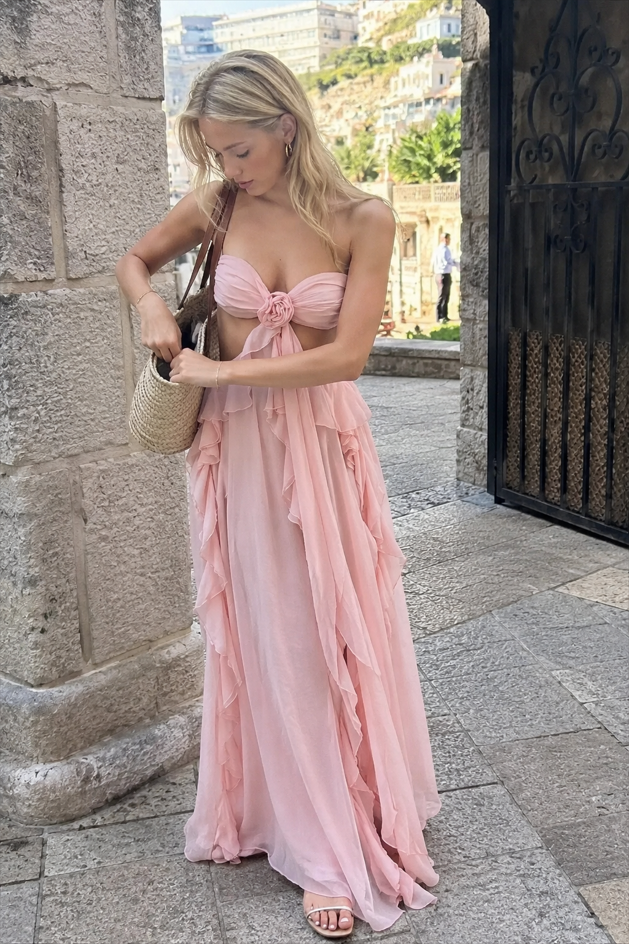 Backless Lace Up Ruffle Strapless Maxi Prom Dress